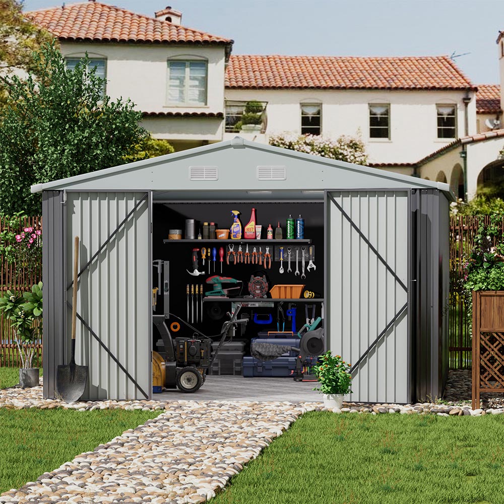 Living and Home 10 x 12ft Grey and White Metal Apex Garden Storage Shed Image 7