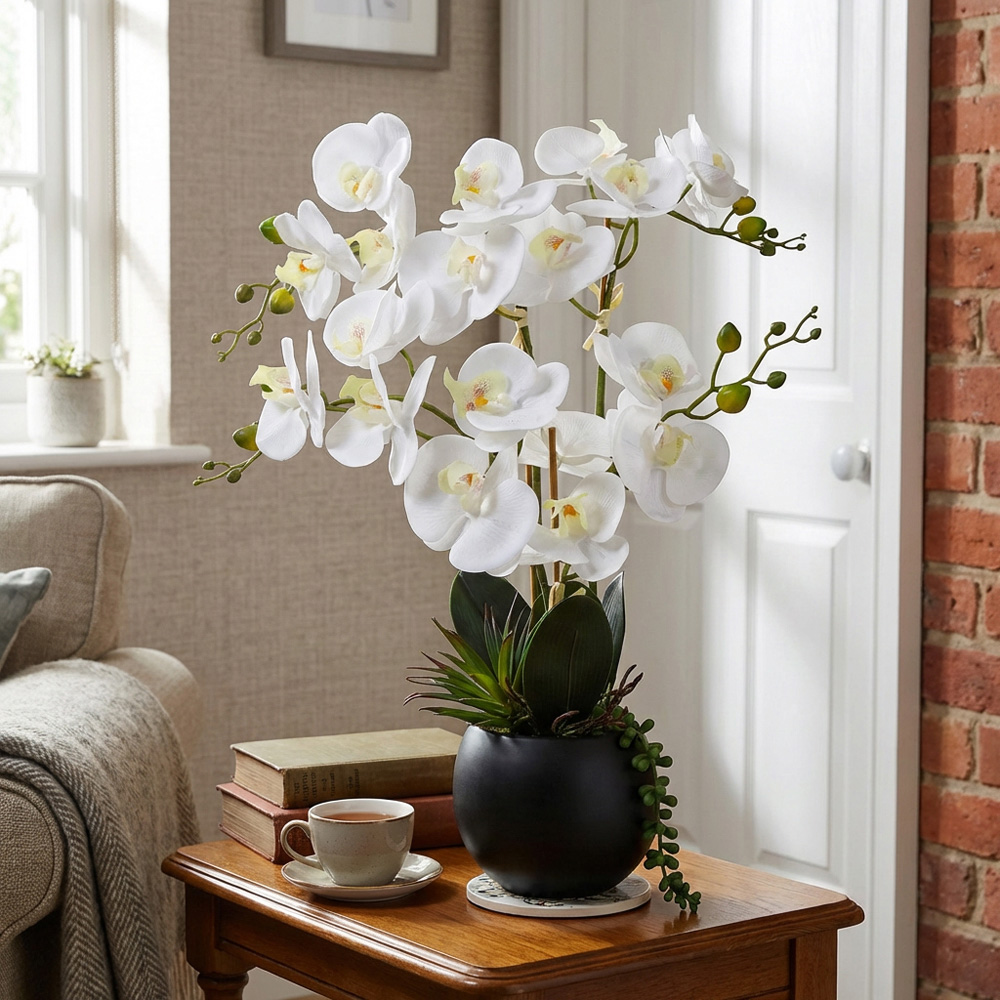 White Orchid in Pot with Succulent Artificial Plant Image 7