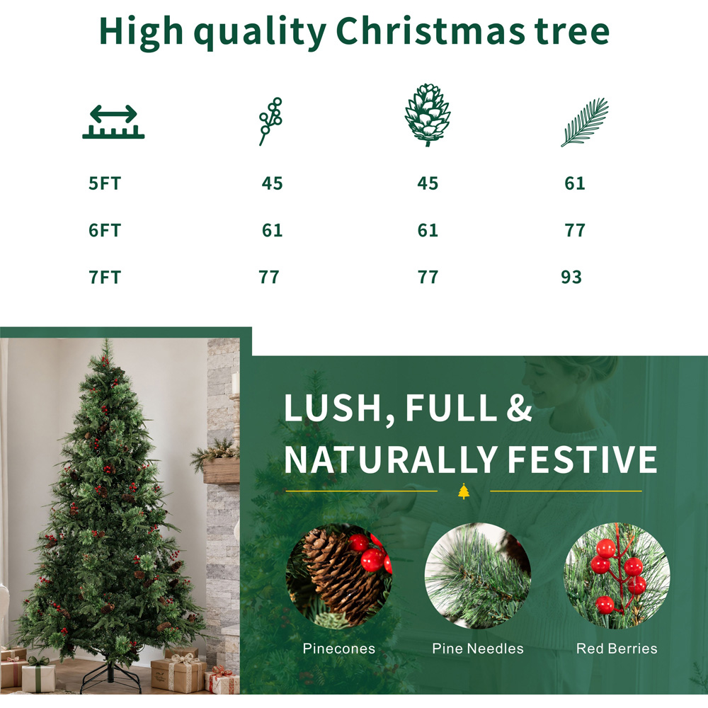 Abrihome Green Artificial Christmas Tree with Berries and Pinecones 7ft Image 7