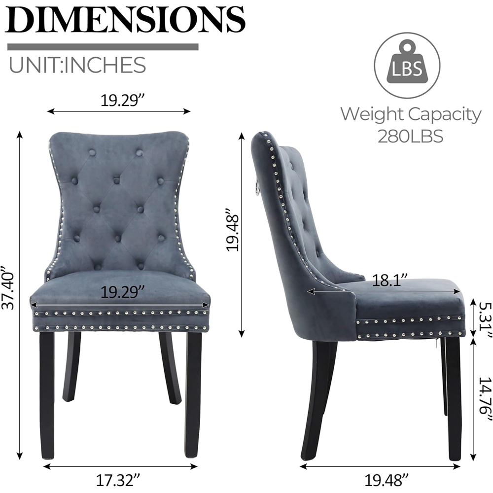 Alivio Set of 4 Grey Velvet Nailhead Trim Tufted Dining Chairs Image 9
