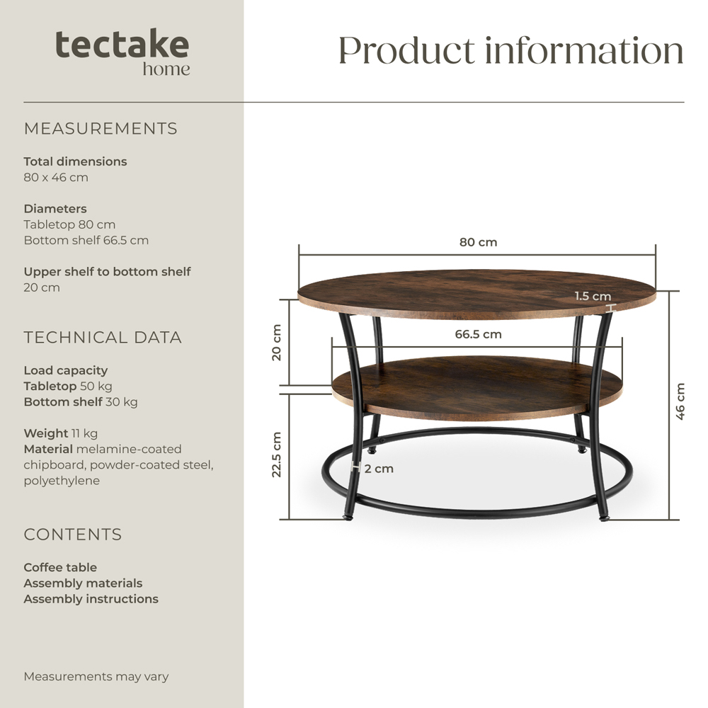 tectake Cromford Industrial Dark Wood Round Coffee Table Image 8