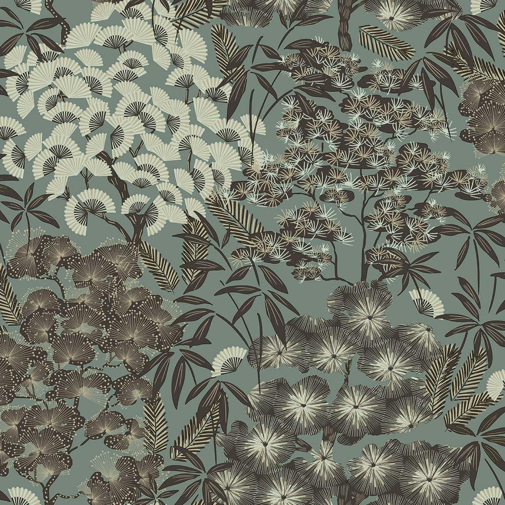 Grandeco Hisae Oriental Blossom Green Textured Wallpaper Image 1