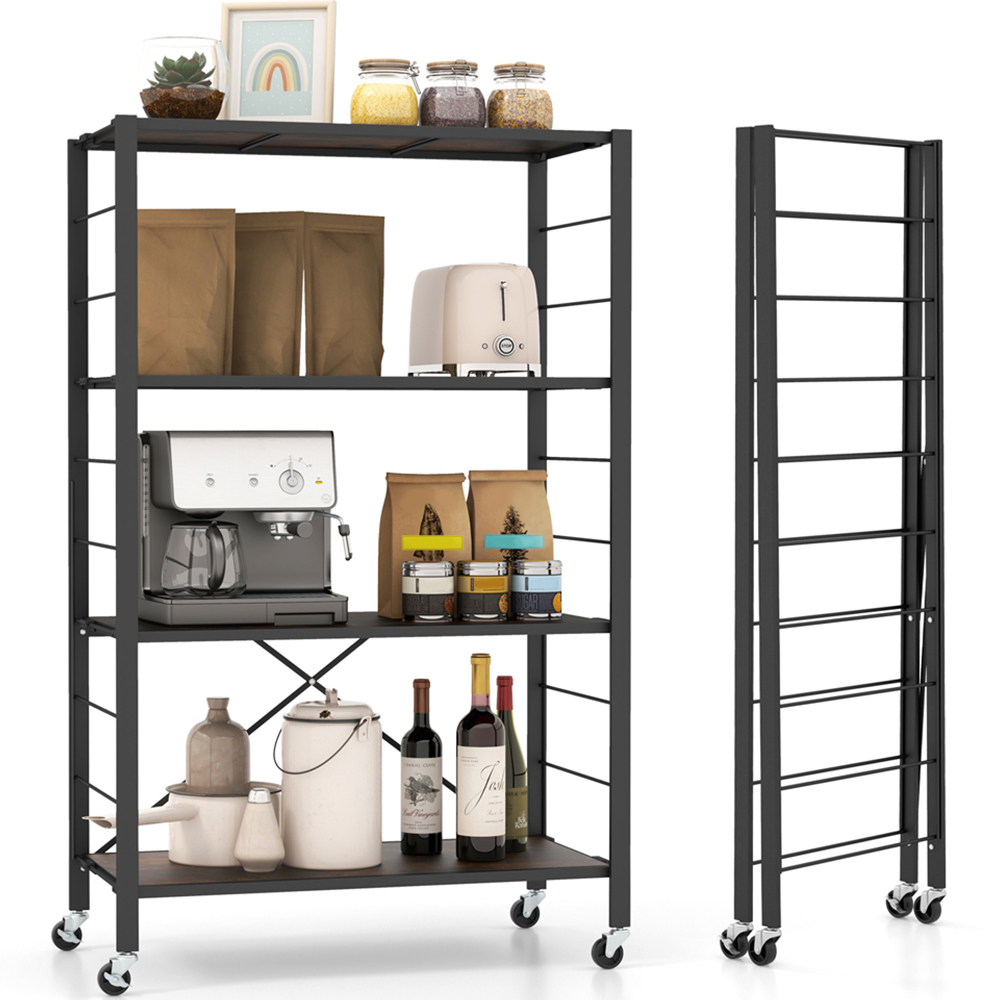 Costway 3 Shelf Black Metal Folding Wheeled Shelving Rack Image 3