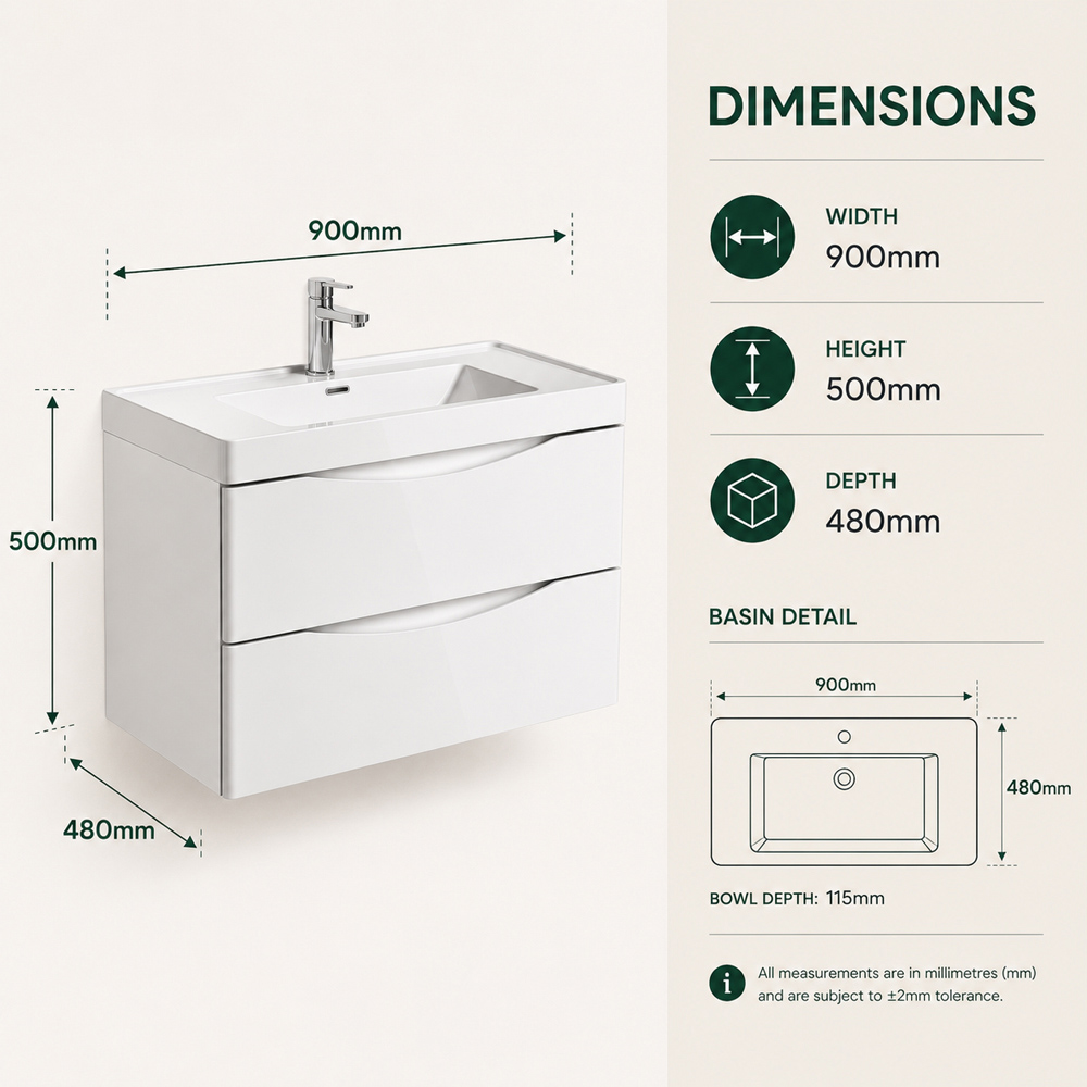 Go Bathrooms Erin 2 Drawer White Gloss Wall Hung Vanity Unit with Resin Basin 900mm Image 8