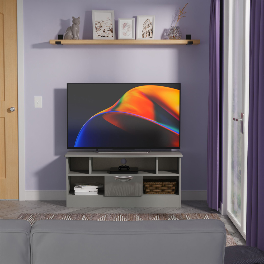 Crowndale Camden Single Drawer 5 Shelf Grey Gloss and Dusk Grey Low Corner TV Unit Ready Assembled Image 7