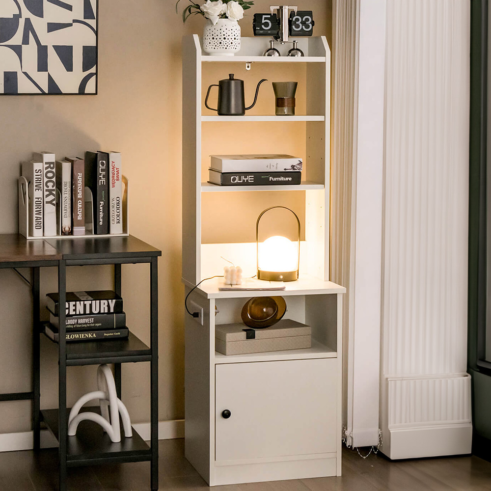 Costway Single Door 5 Shelf White Bedside Table with Charging Station Image 1