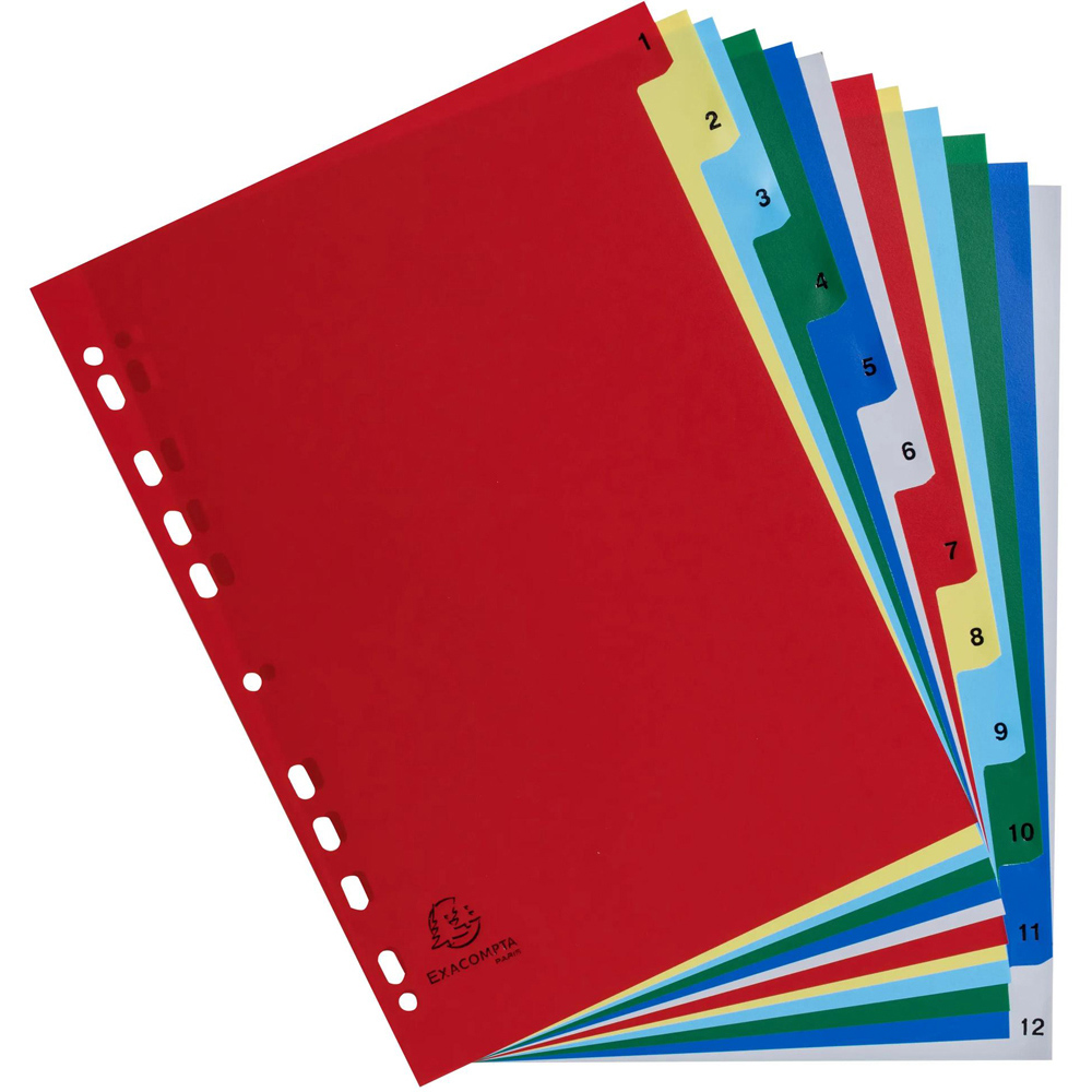 Exacompta A4 Bright Assorted Colour Polypropylene 1-12 Divider 20 Pack Image 3