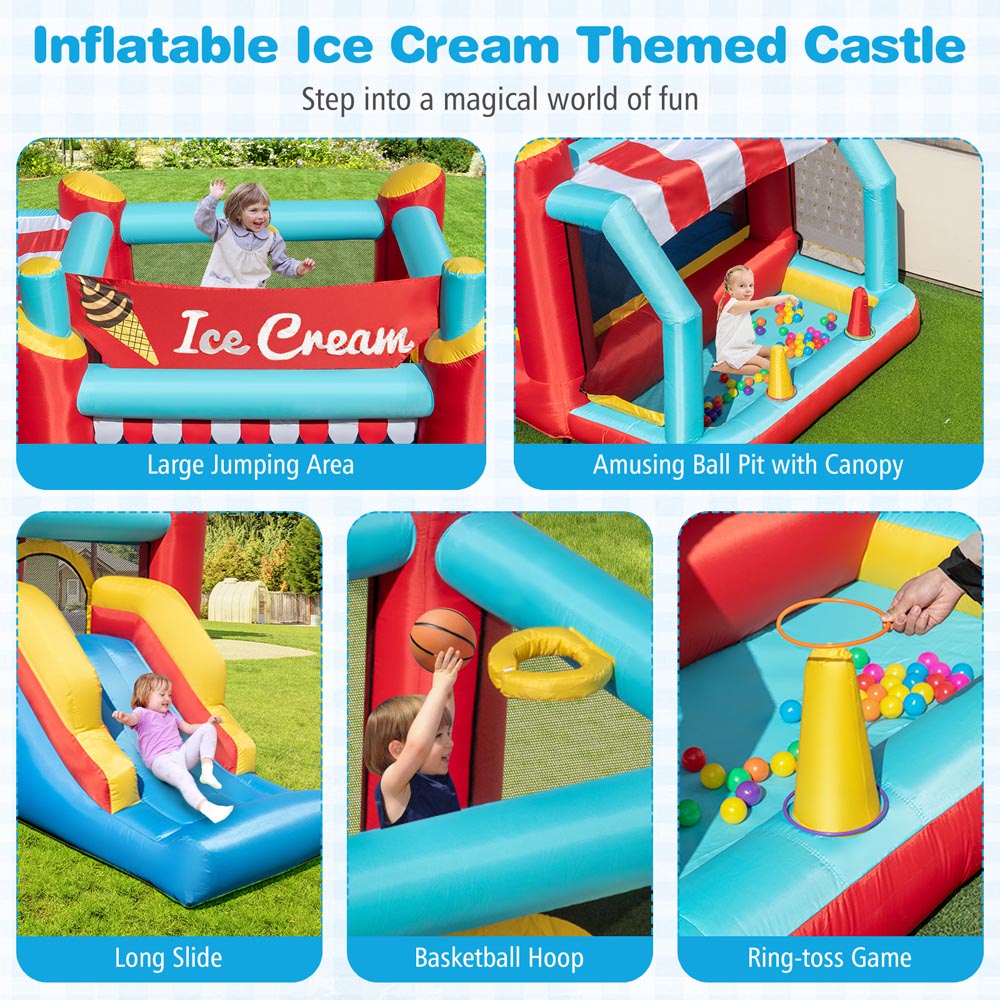 Costway 5-in-1 Kids Ice Cream Inflatable Bounce House with Basketball Hoop and Ball Pit Play Set Image 4