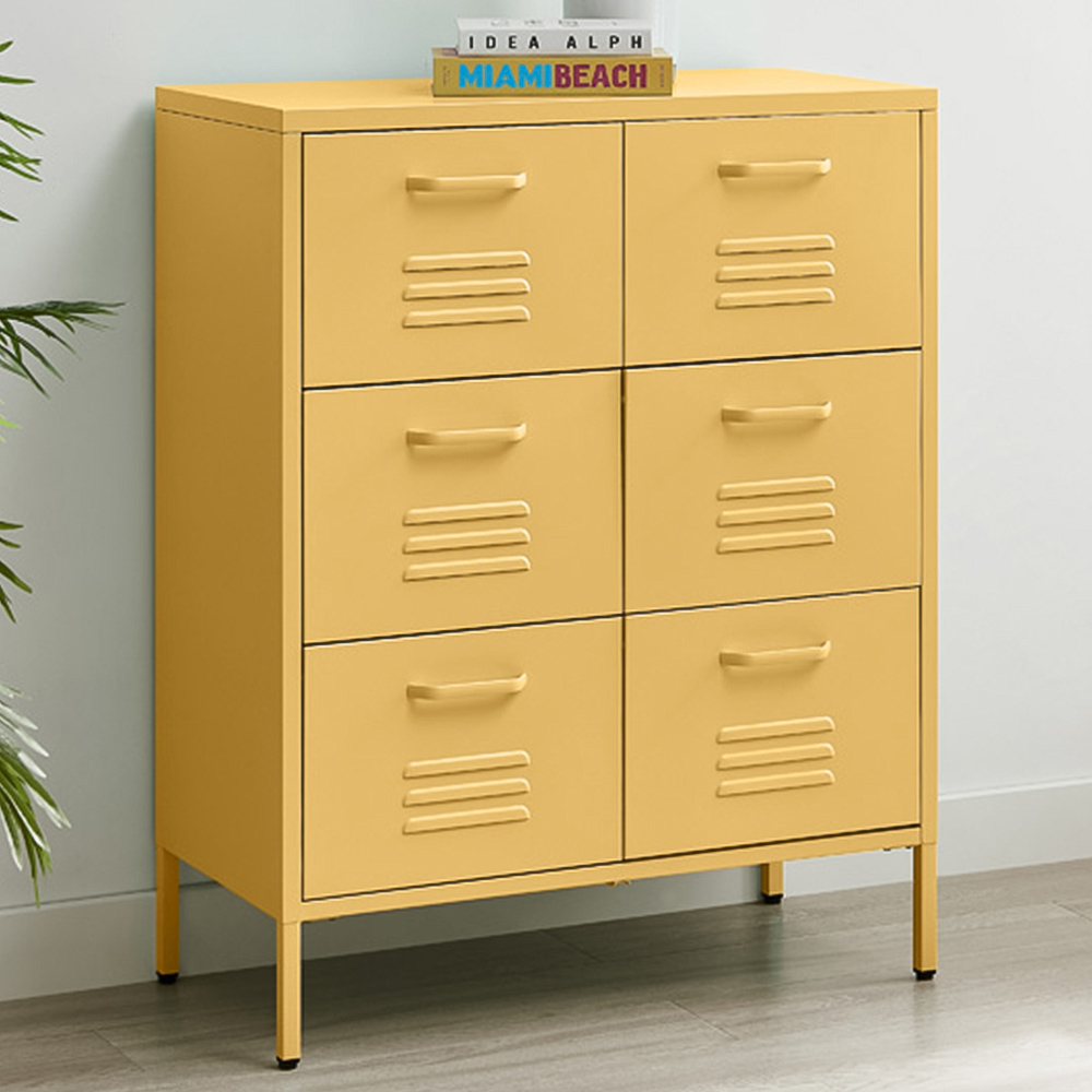 Furniturebox Theo 6 Drawer Mustard Yellow Metal Sideboard Image 1