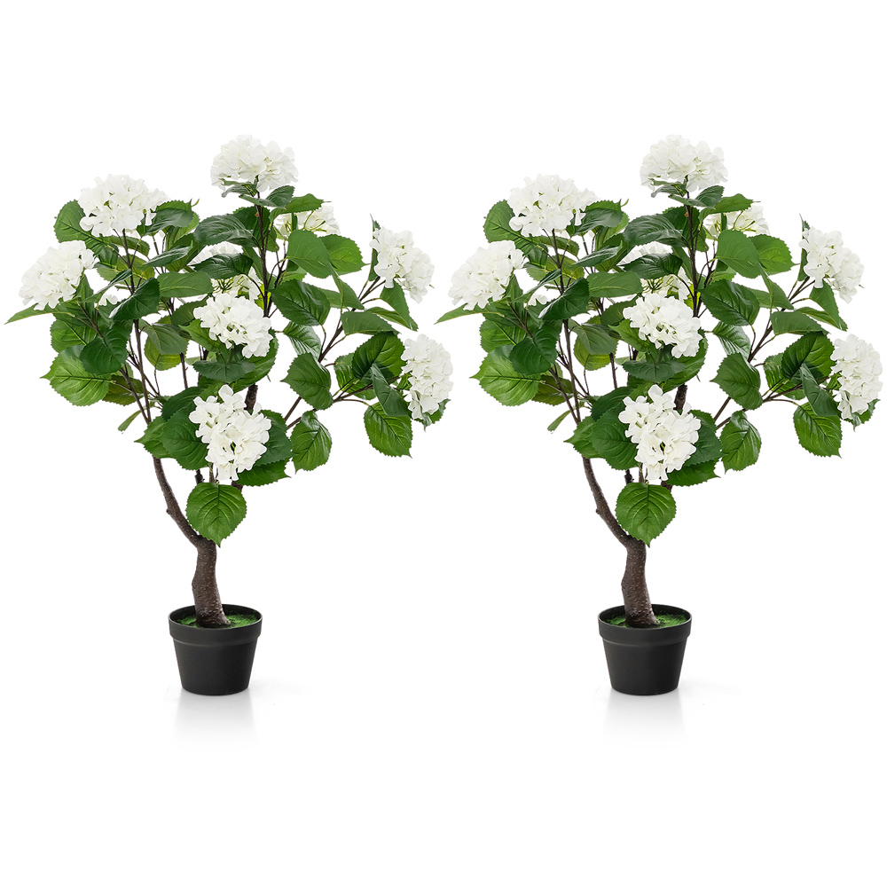 Costway White Flowers Hydrangea Tree Artificial Plant In Pot 3.4ft 2 Pack Image 1
