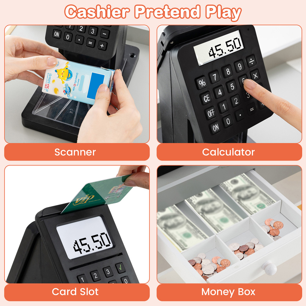 Costway White Pretend Grocery Store Play Set with Shopping Cart and 2 Chalkboards Image 4