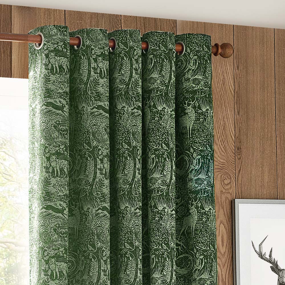 furn. Winter Woods Emerald Animal Chenille Eyelet Curtains 168 x 183cm Image 4