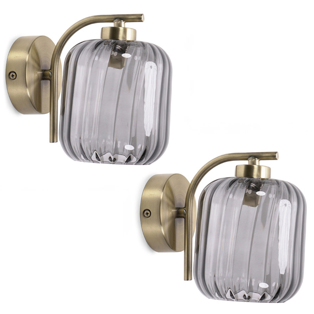 ValueLights Amelie 2 Pack Ribbed Glass Gold Stem LED Wall Light Image 1