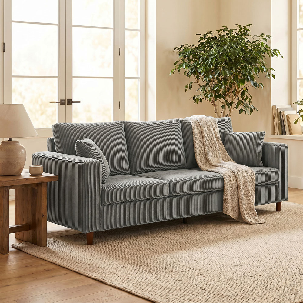 HOMCOM 3 Seater Light Grey Corduroy Upholstered Wide Seat Sofa Image 3