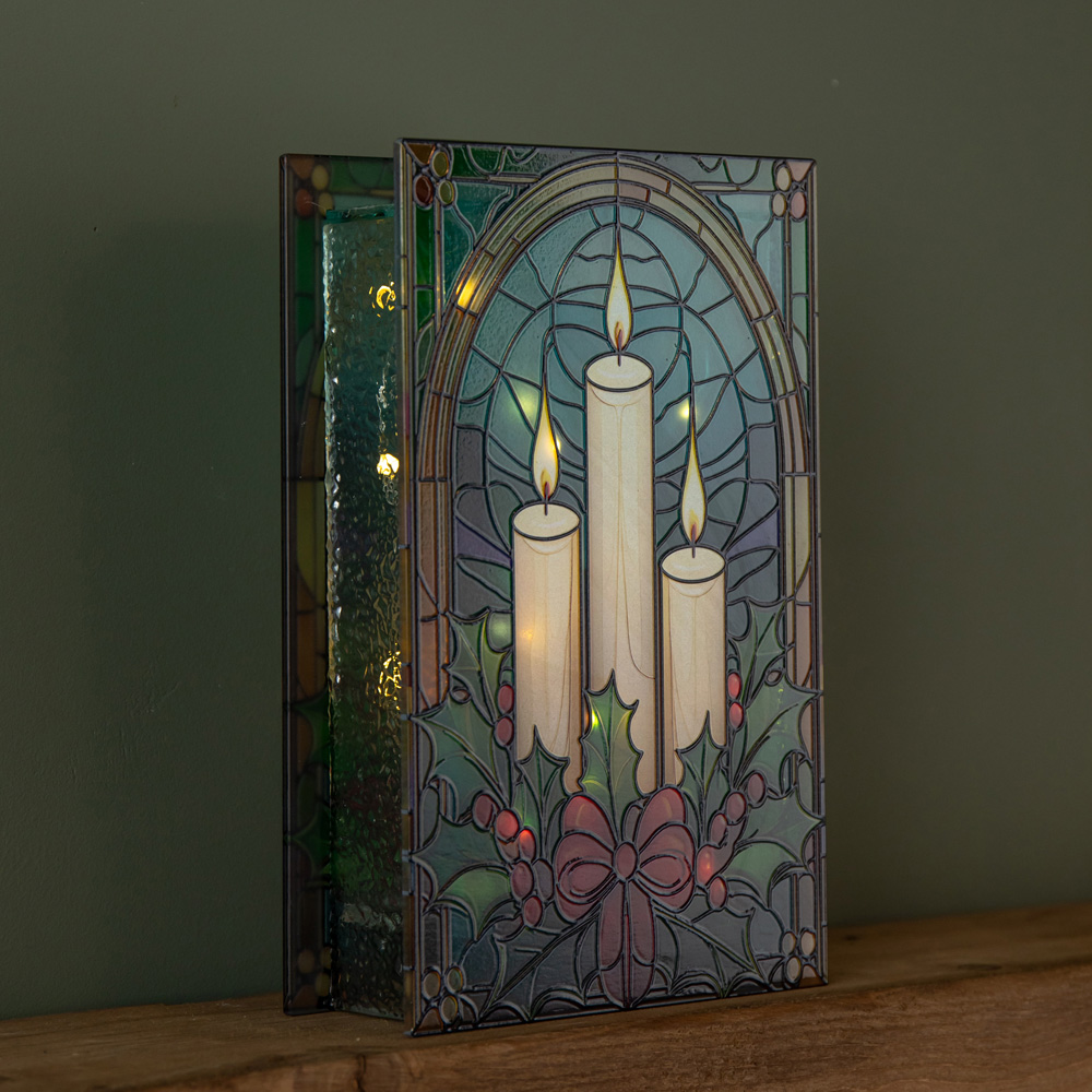 Samuel Alexander 50 Warm White LED Candles and Holly Light Up Stained Glass Decoration 21cm Image 5