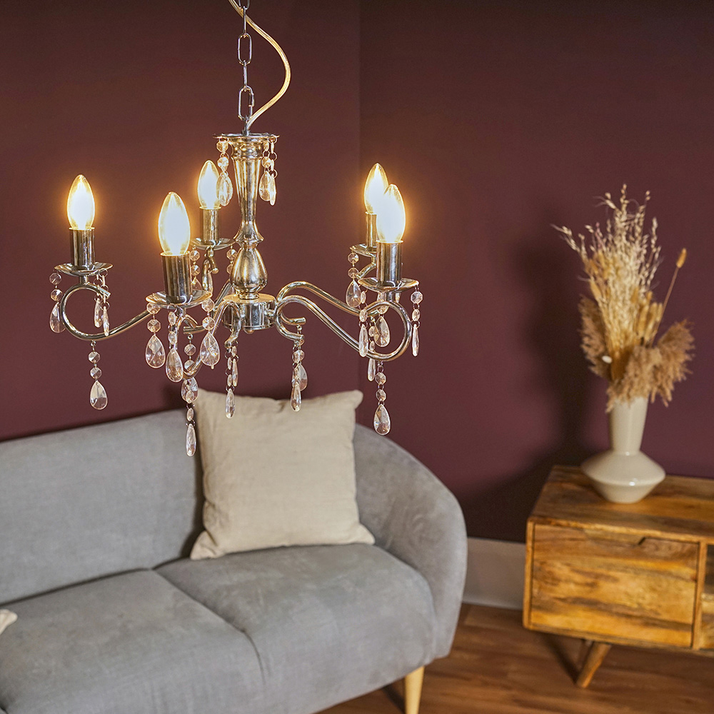 ValueLights Chrome 5 Light Antique Brass Ceiling Chandelier Image 2