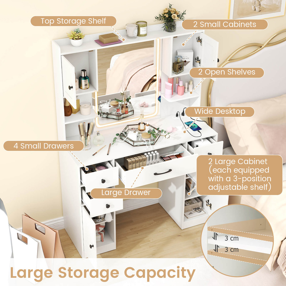 Costway White 5 Drawer 2 Door Makeup Table with LED Mirror Image 8