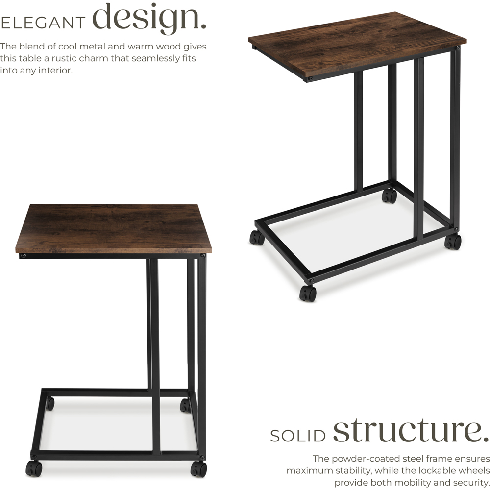 Tectake Luton C-Shape Rustic Dark Wood Bedside Table with Swivel Castors Image 4