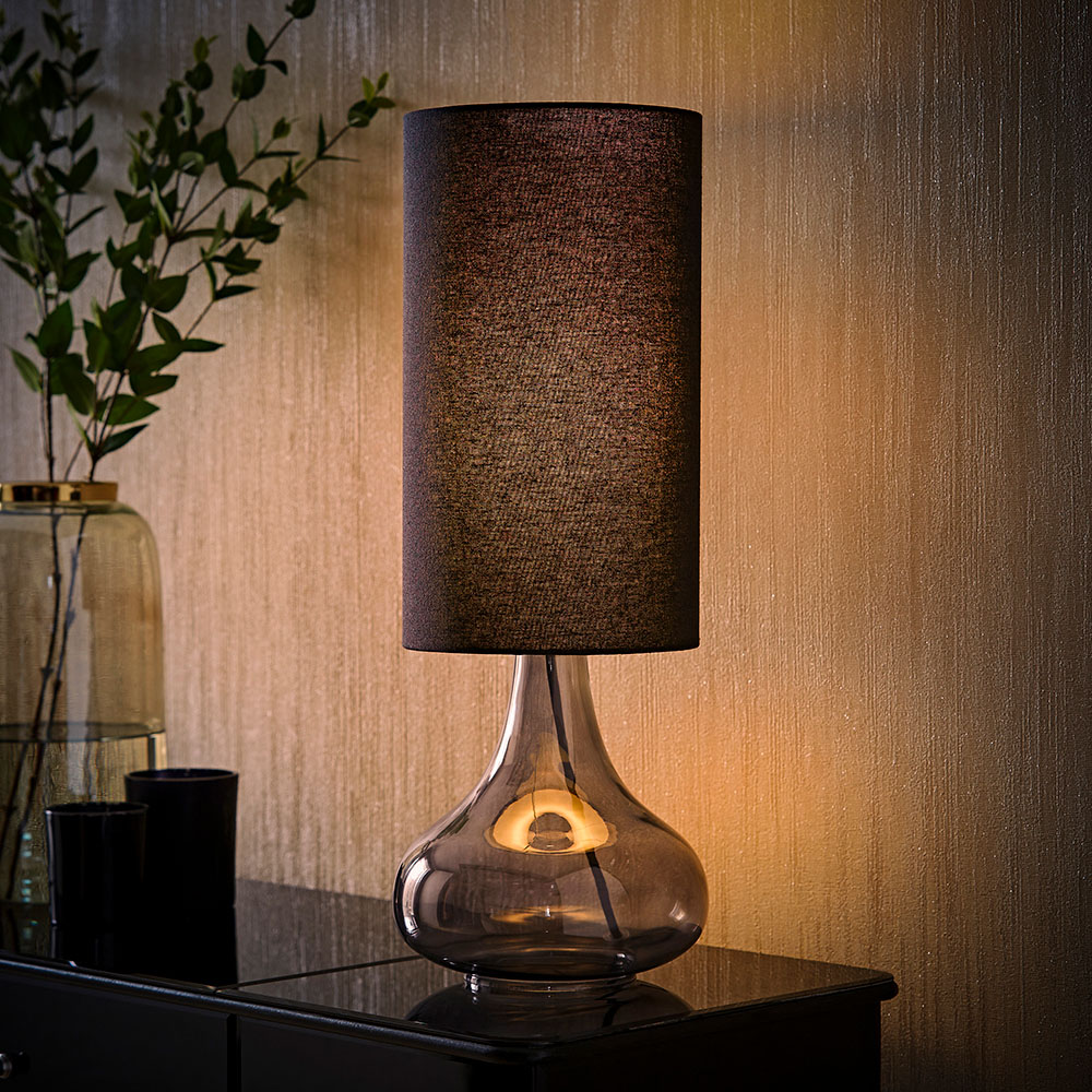 ValueLights Sylvie Black Linen Tall Lamp Shade Smoked Glass Squat LED Table Lamp Image 2