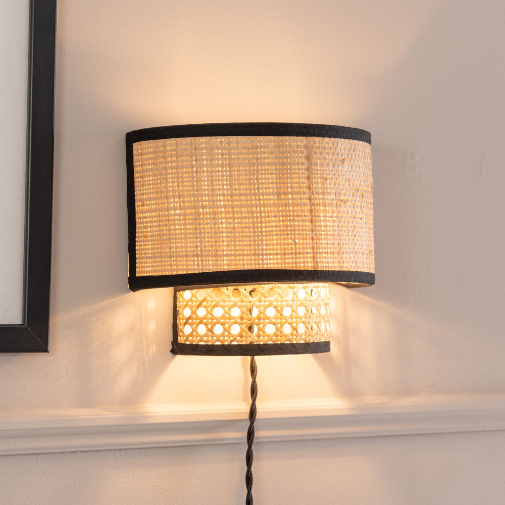 ValueLights Grant Natural Cane Black Trim Plug-in LED Wall Light Image 3