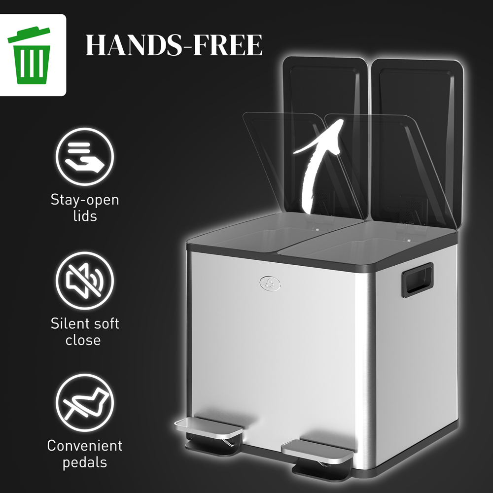 HOMCOM Silver Tone Stainless Steel Double Pedal Bin with Soft-Close Lid 30L Image 6