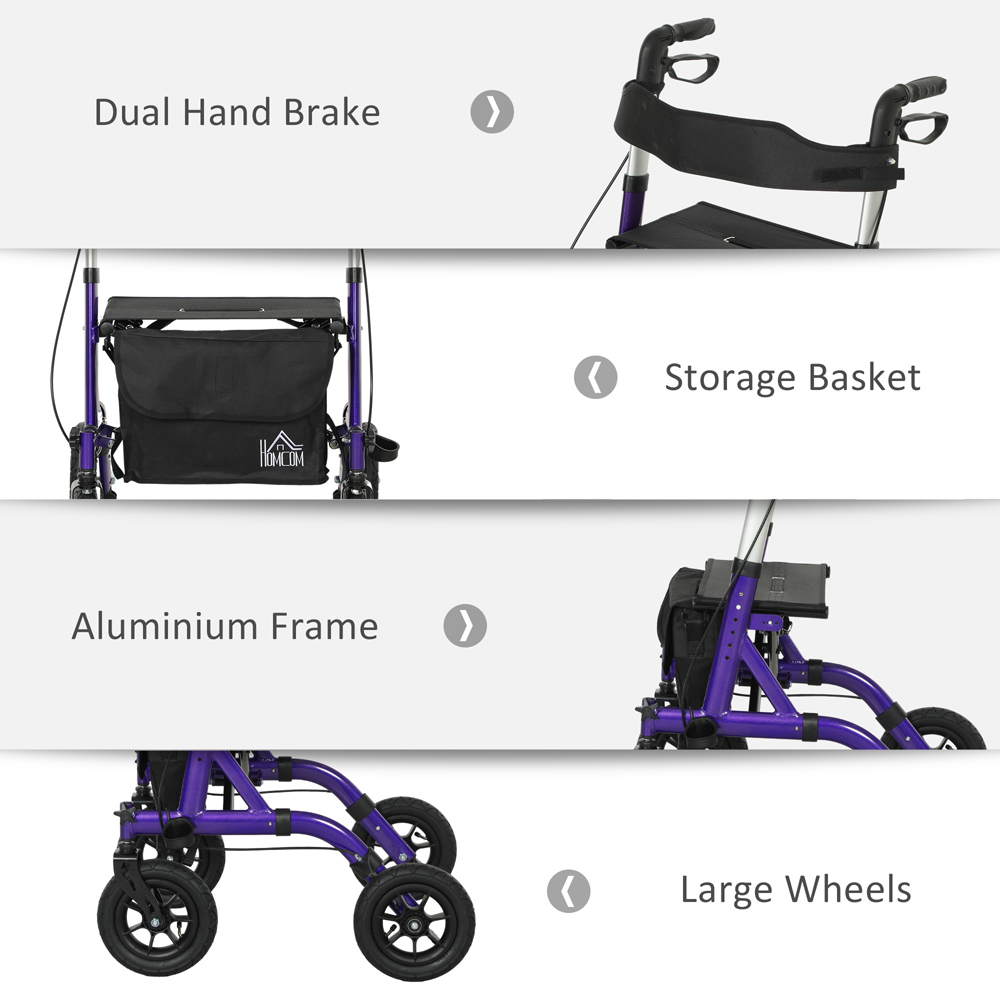 HOMCOM Purple 4-Wheel Foldable Rollator Walker with Bag and Seat Image 8