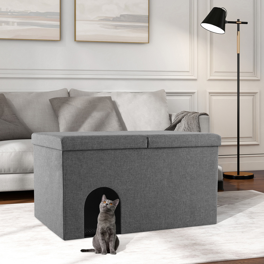 Costway 3 in 1 Grey Hidden Cat Washroom Ottoman Shoe Bench Image 2