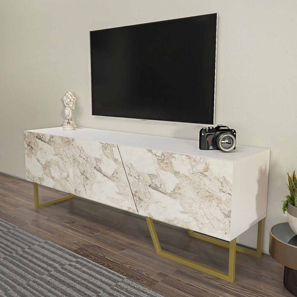 Decorotika Parla 3 Door White Marble and Gold TV Unit Image 6