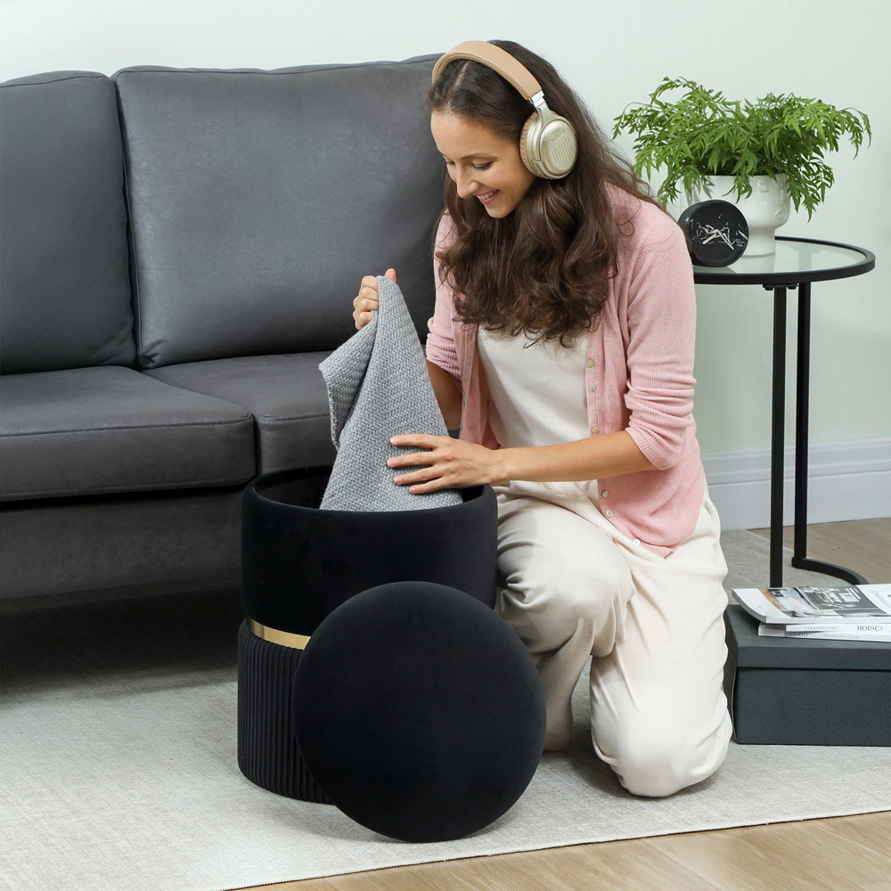 Portland Black Velvet Round Pouffe Footstool with Storage Image 7
