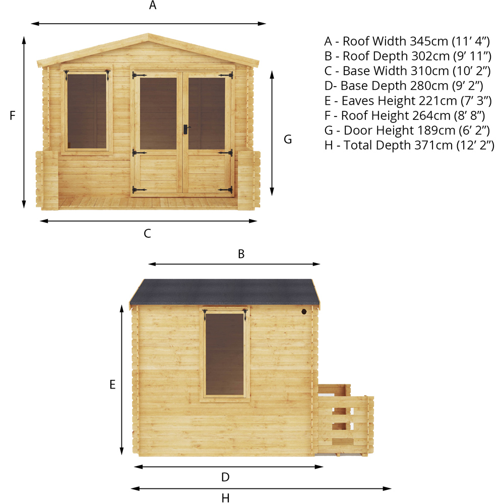 Mercia 10.8 x 12.1ft Double Door Wooden Apex Log Cabin with Veranda Image 8