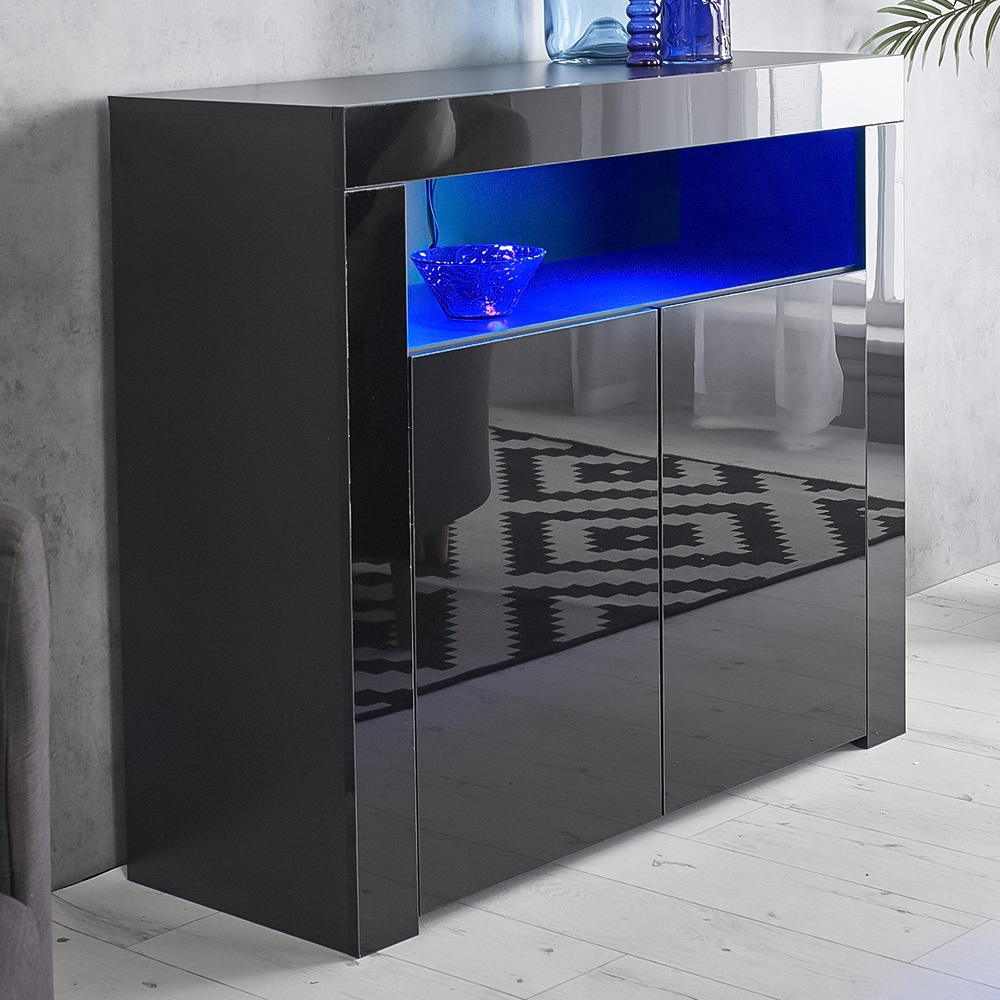 MMT Furniture Designs 2 Door Single Shelf Matt Gloss Black Modern Buffet Cabinet with LED Image 1