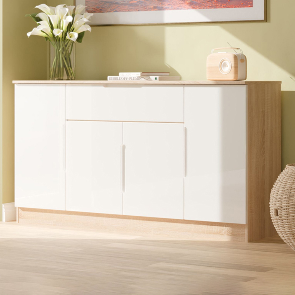 Crowndale Milan 4 Door Single Drawer White Gloss and Bardolino Oak Wide Sideboard Ready Assembled Image 1