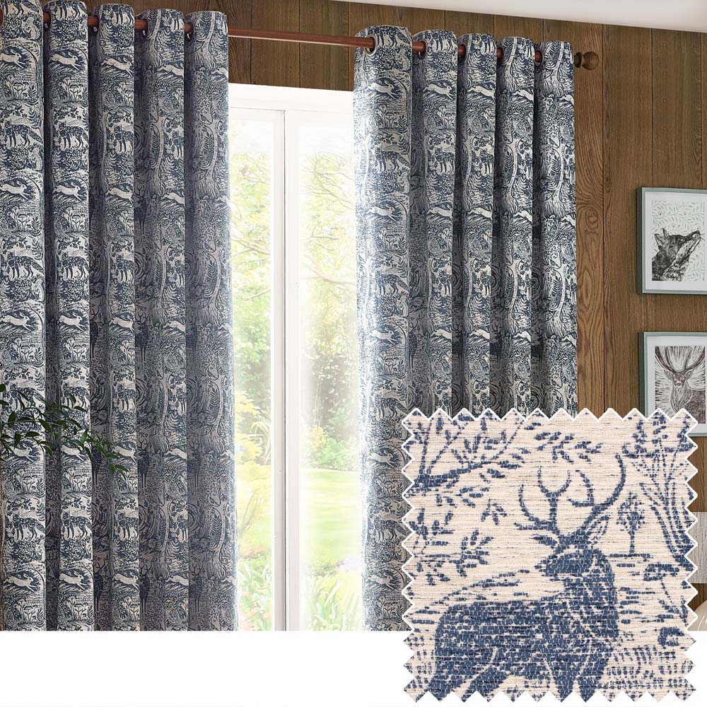 furn. Winter Woods Midnight Animal Chenille Eyelet Curtains 229 x 183cm Image 2