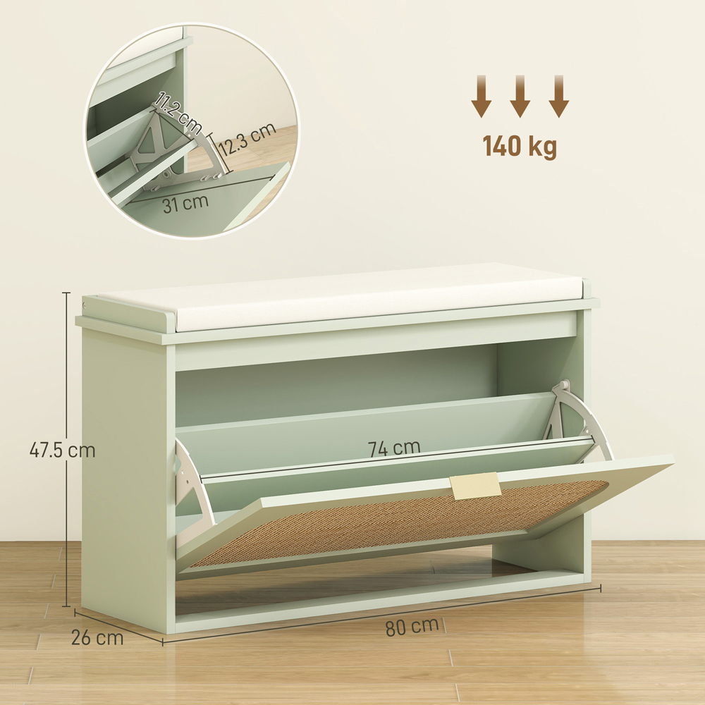 HOMCOM Single Flip Down Drawer Light Green Boho Rattan Shoe Rack Bench Image 9