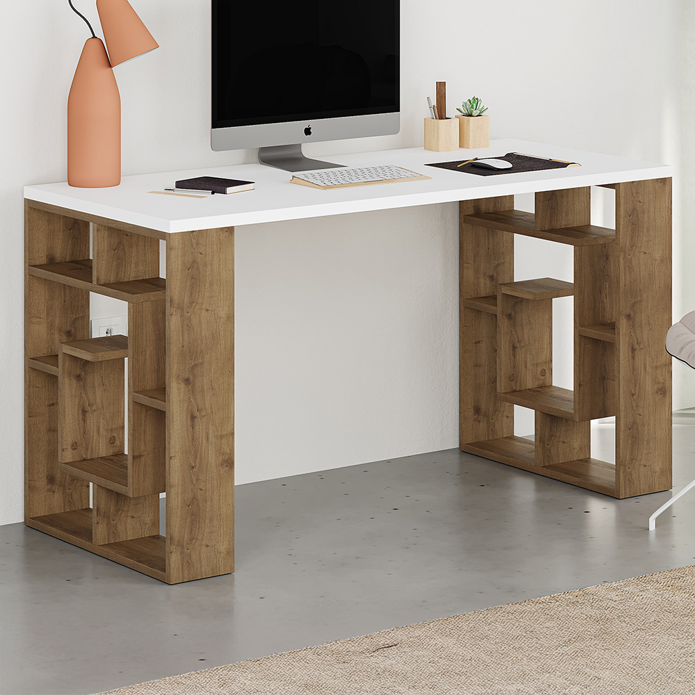 Decortie Labirent Bookshelf Leg Modern Computer Desk White and Oak Effect Image 1