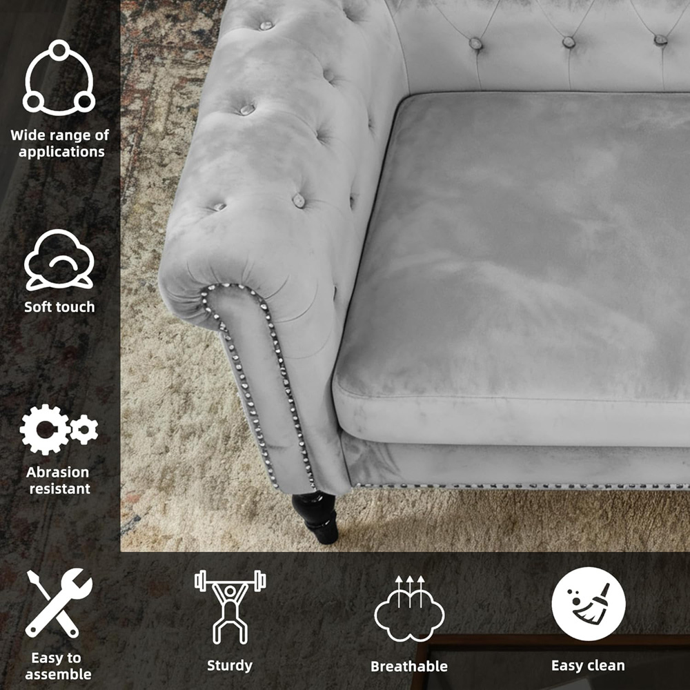 Alivio 2 Seater Grey Solid Wood Nailhead Trim Button Tufted Sofa Image 8