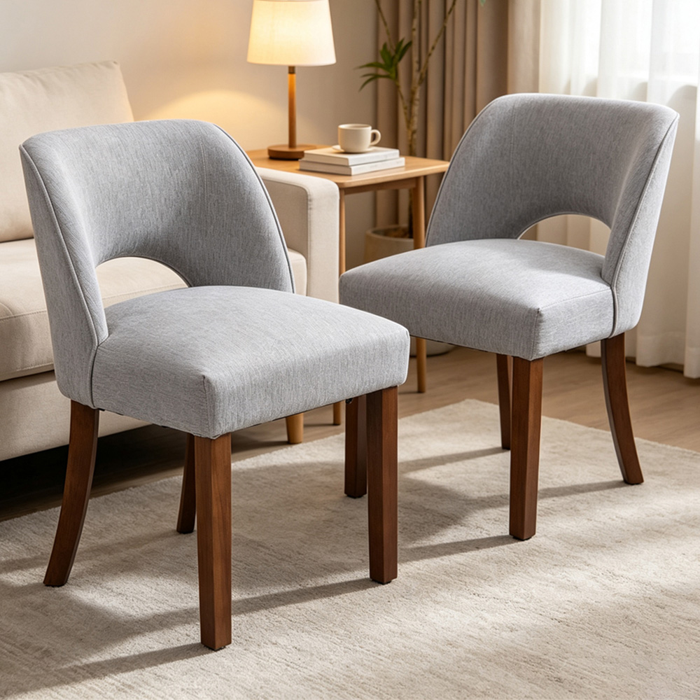 Living and Home Set of 2 Grey Chenille Curved Cutout Backrest Dining Chair Image 1