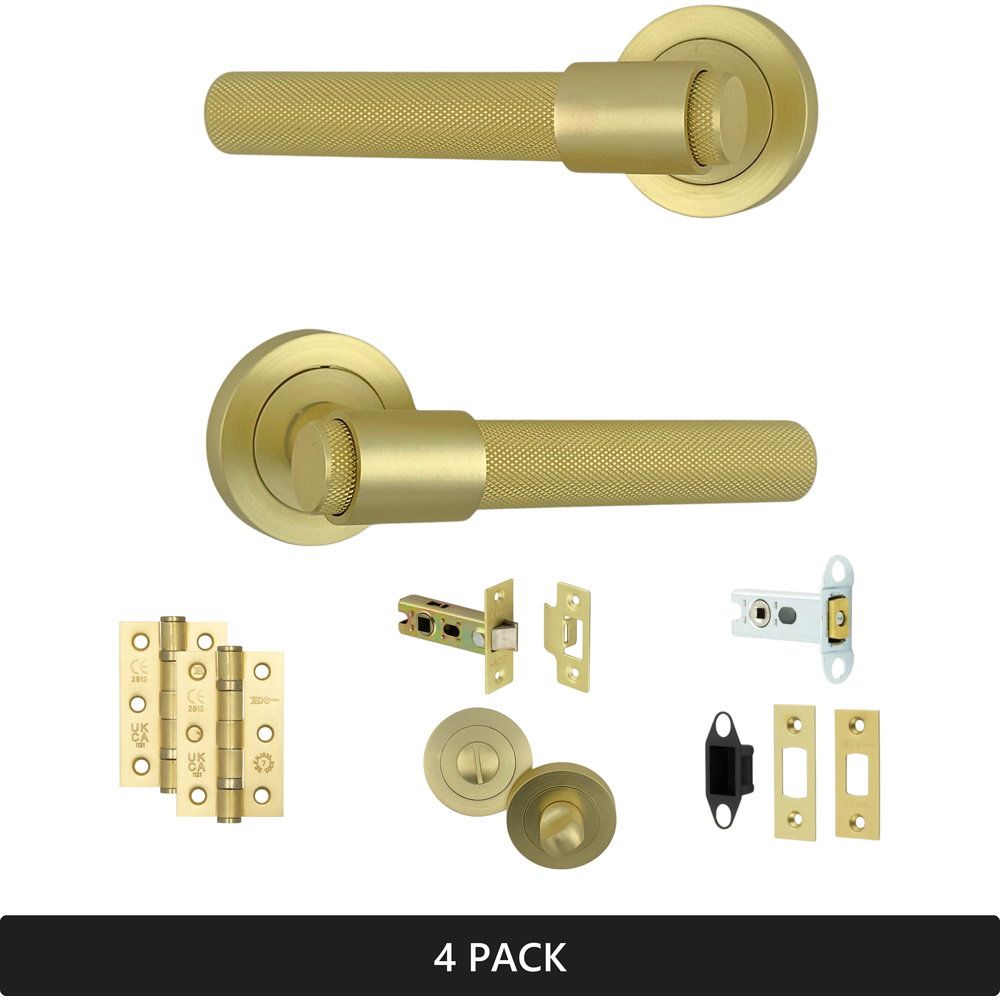 AXS Hardware Dakota Satin Brass Knurled Bathroom Door Handles on Rose 4 Pack Image 8