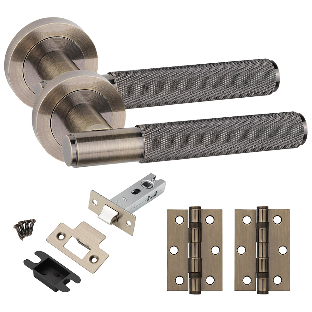Golden Grace Straight T-Bar Knurled Antique Brass Door Handles and Hinges Set Image 1