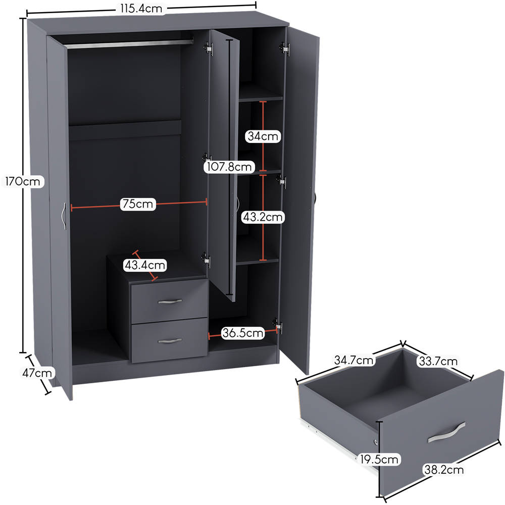 Vida Designs Riano 3 Door 2 Drawer Grey Mirror Wardrobe Image 9
