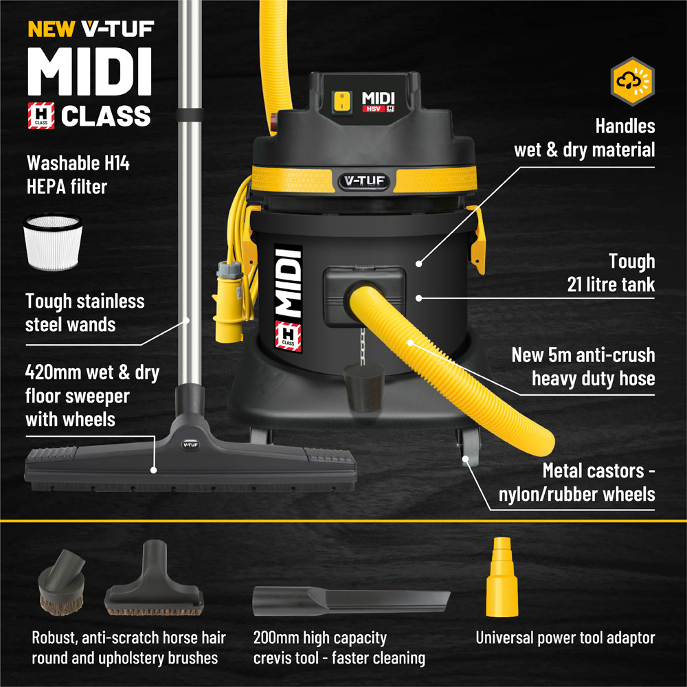 V-TUF MIDI H Class Industrial Dust Extractor Vacuum Cleaner 21L 110V 1400W Image 3