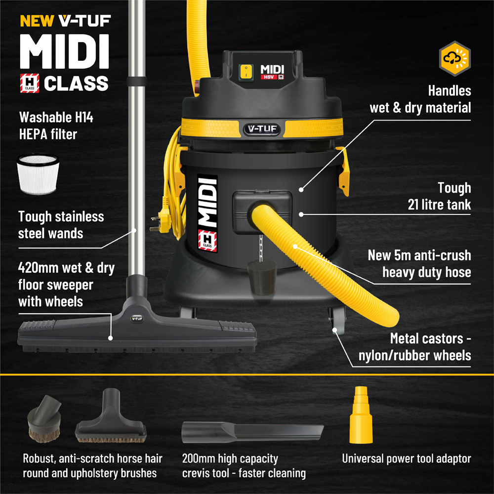 V-TUF MIDI H Class Industrial Dust Extractor Vacuum Cleaner 21L 240V 1400W Image 3