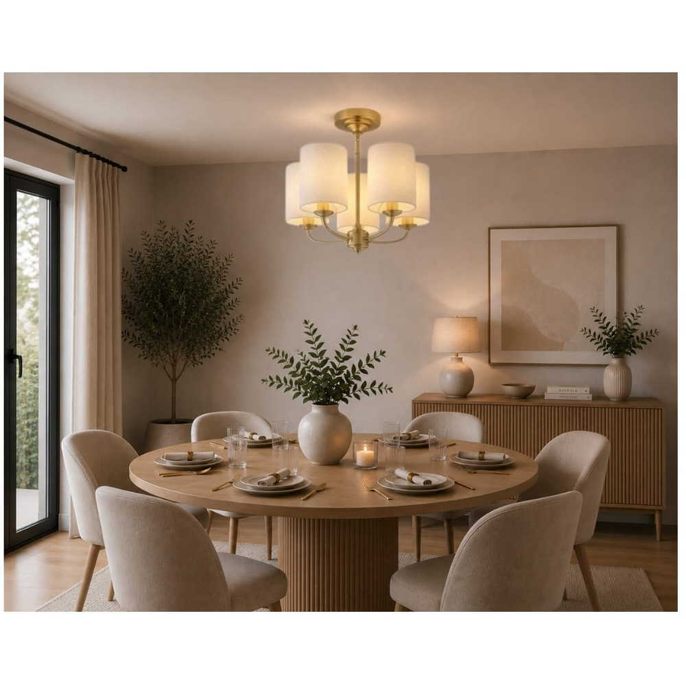 Cosylyte Winston 5 Light Classic Faux Linen Drum Shade Brass Ceiling Light Image 2