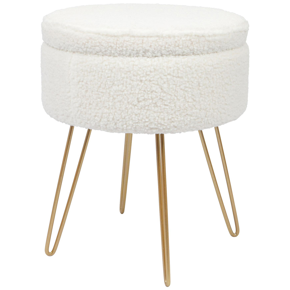 Harbour Housewares Cream and Gold Boucle Round Footstool with Storage Image 2