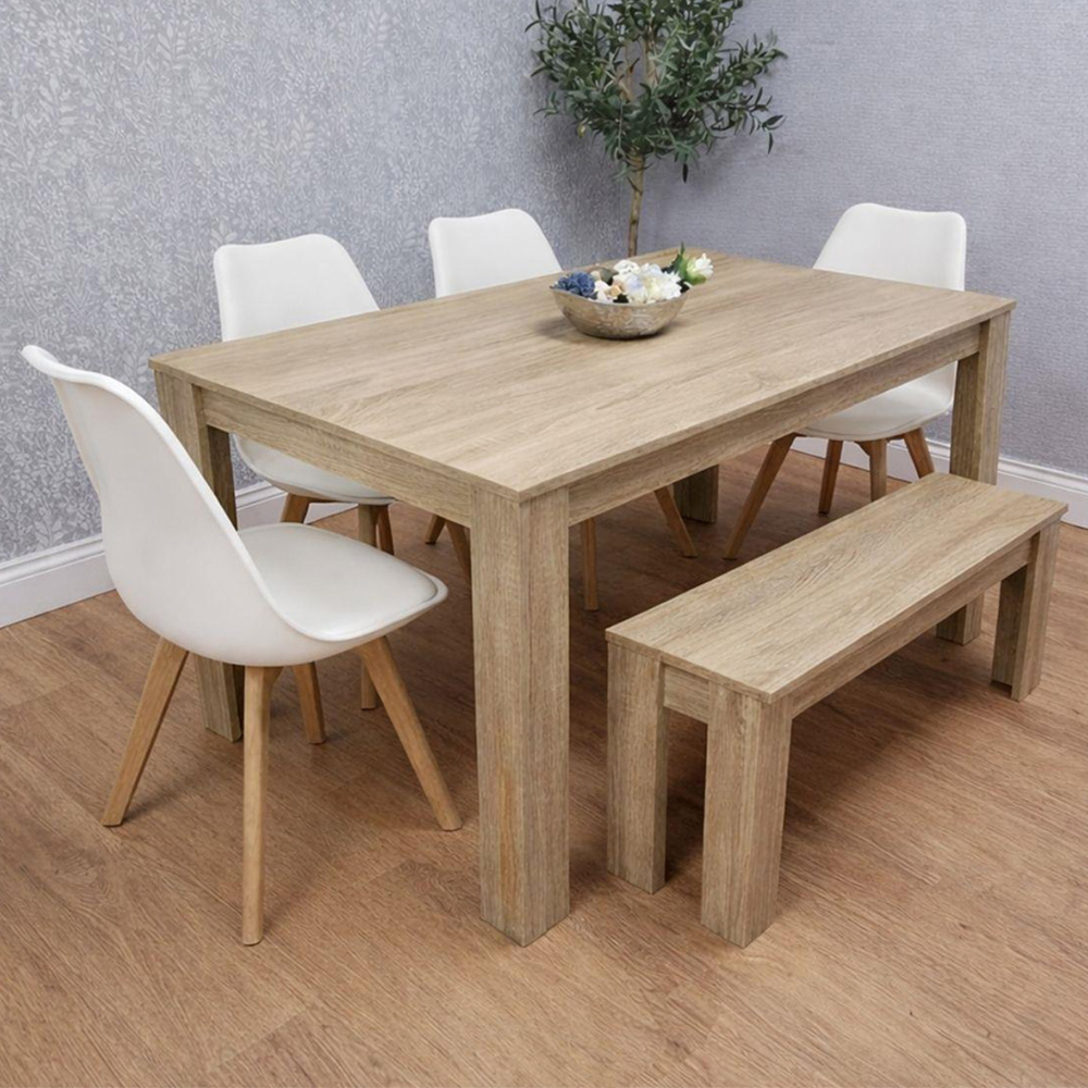 Kosy Koala 6 Seater Plastic Dining Bench Set Oak Effect and White Image 1