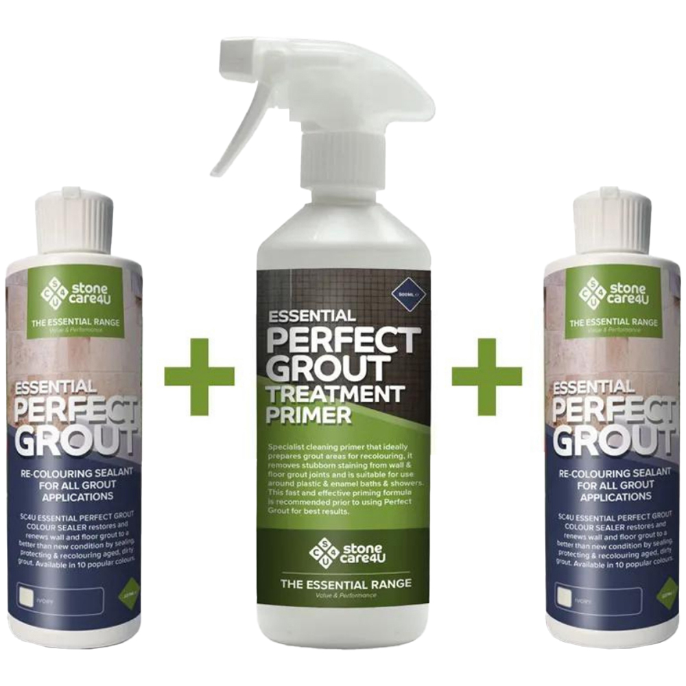 StoneCare4U Essential Ivory Perfect Grout Sealer 237ml 2 Pack and Primer 500ml Bundle Image 1