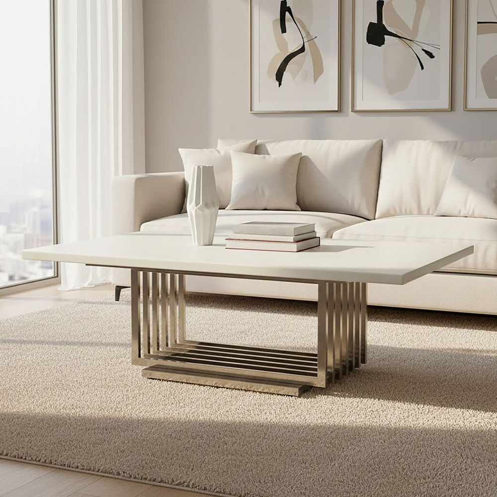 Premier Housewares White Marble Top Coffee Table with Silver Frame Image 1