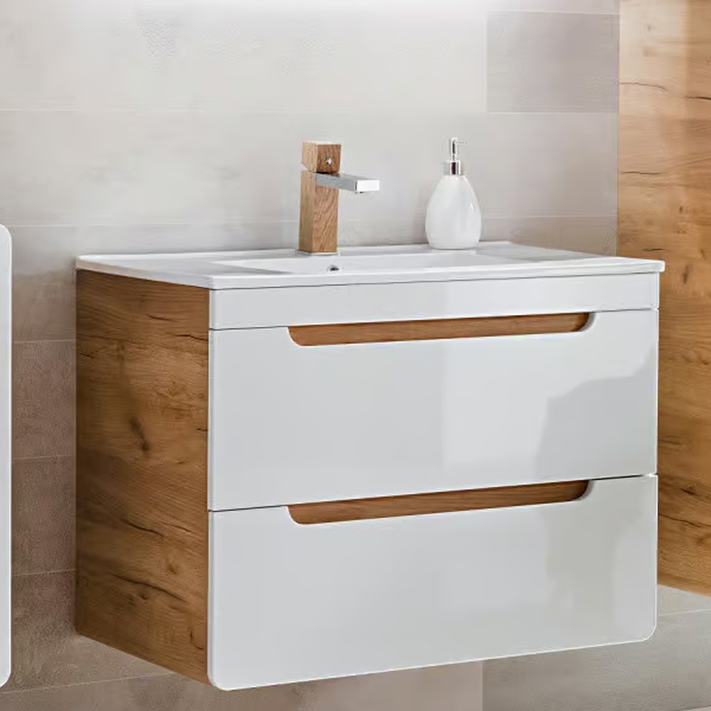 Impact Furniture Aruba White Gloss and Oak Wall Mounted Bathroom Vanity Unit with Sink 600mm Image 6