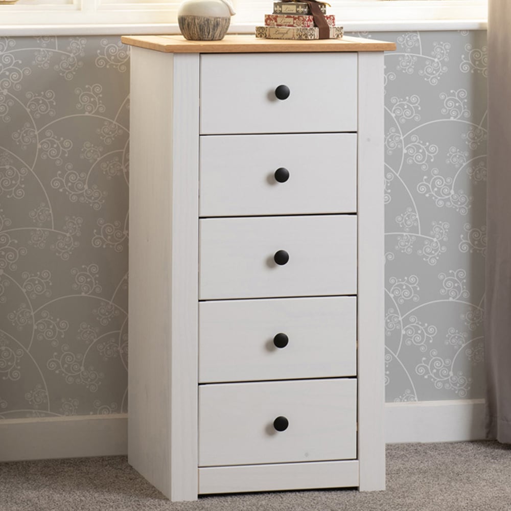Seconique Panama 5 Drawer White and Natural Wax Chest of Drawers Image 1