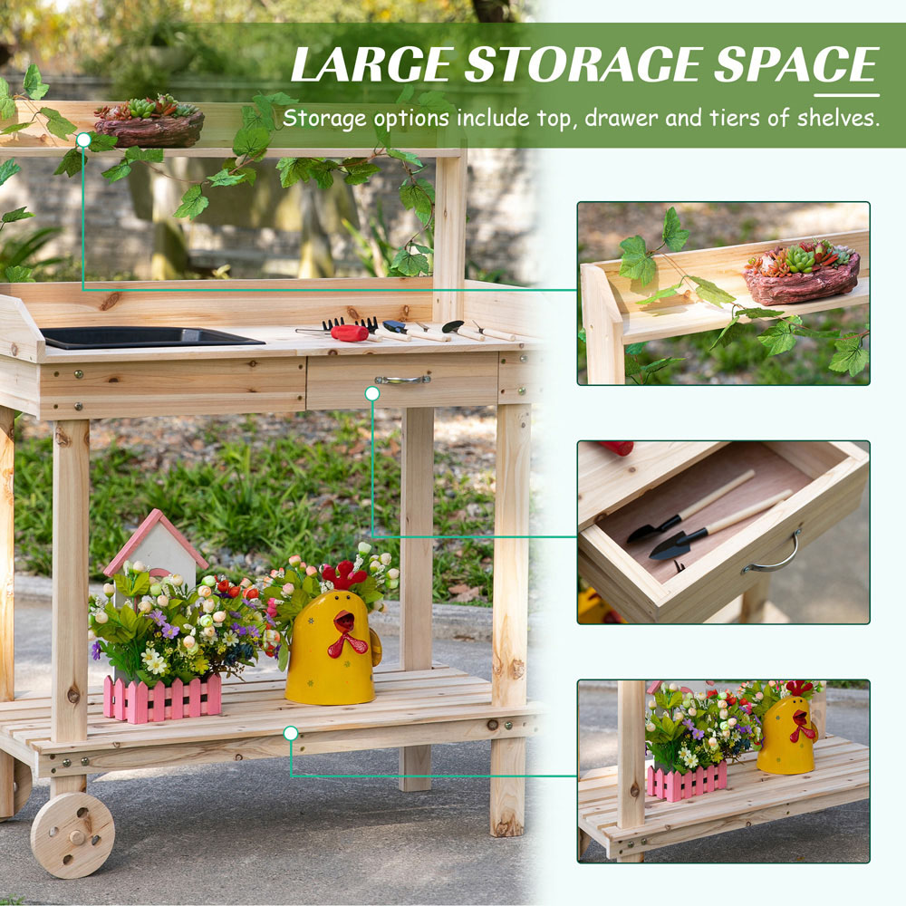 Outsunny Wooden Potting Bench with Wheels Image 6